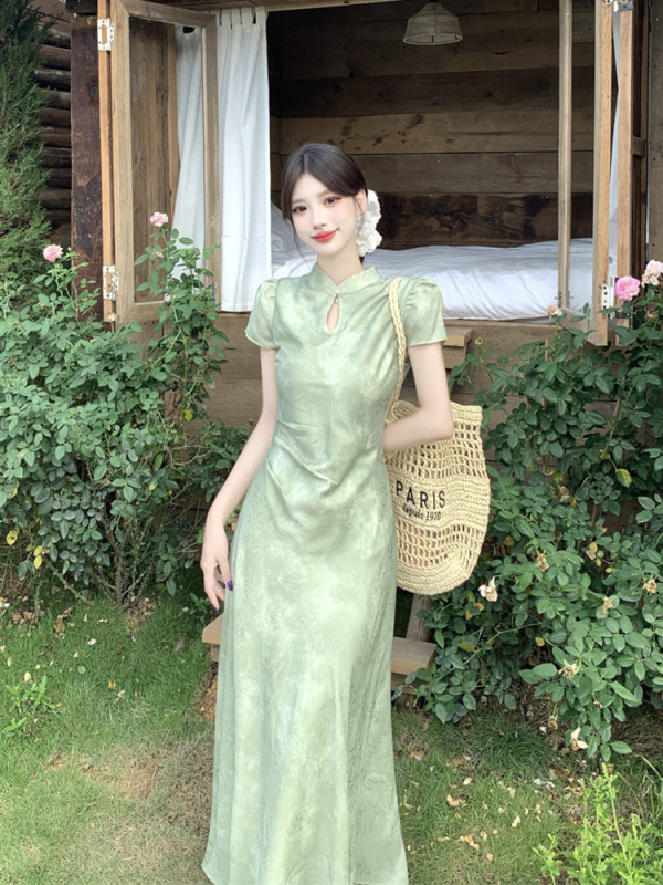 2025年大码女装夏季胖MM新中式提花改良旗袍连衣裙收腰显瘦气质长|undefined