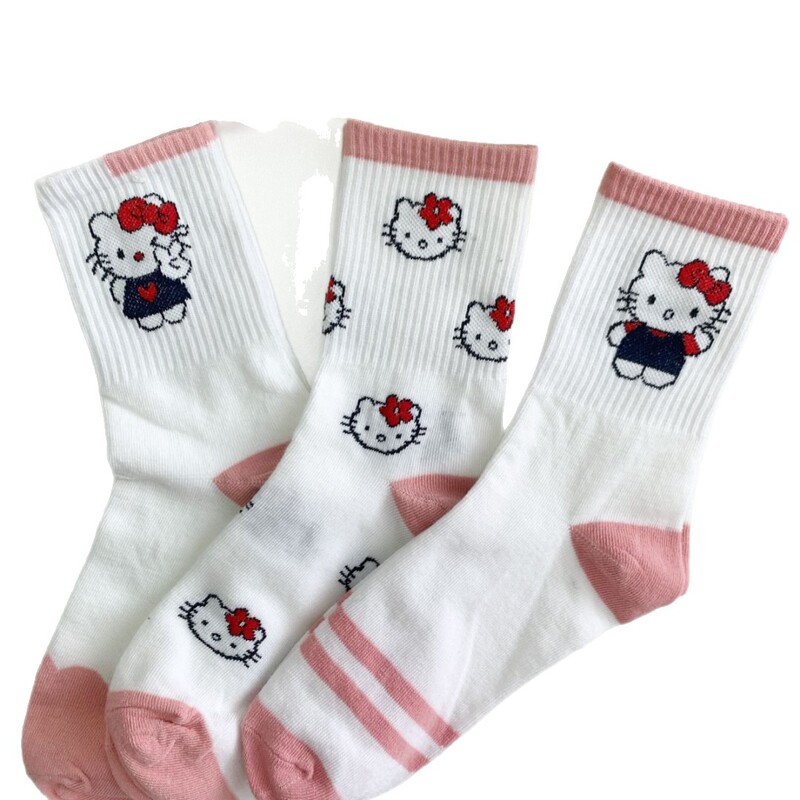 夏の新しい女性用ソックス、多用途でかわいい漫画の日本のピンクの女の子KT猫スタイルの学生用女性用ミッドカーフソックス|undefined