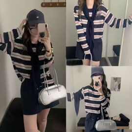 早秋撞色条纹防晒罩衫长袖恤女新款韩系慵懒松弛感上衣+围巾