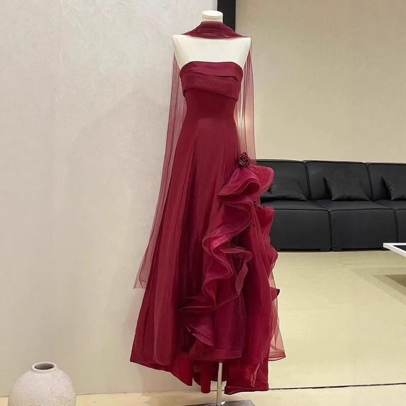 Burgundy Strapless Bridal Toast Dress, High-End Mesh Birthday Party Long Dress, Niche High-End Morning Gown Dress Burgundy Strapless Bridal Toast Dress, High-End Mesh Birthday Party Long Dress, Niche High-End Morning Gown Dress