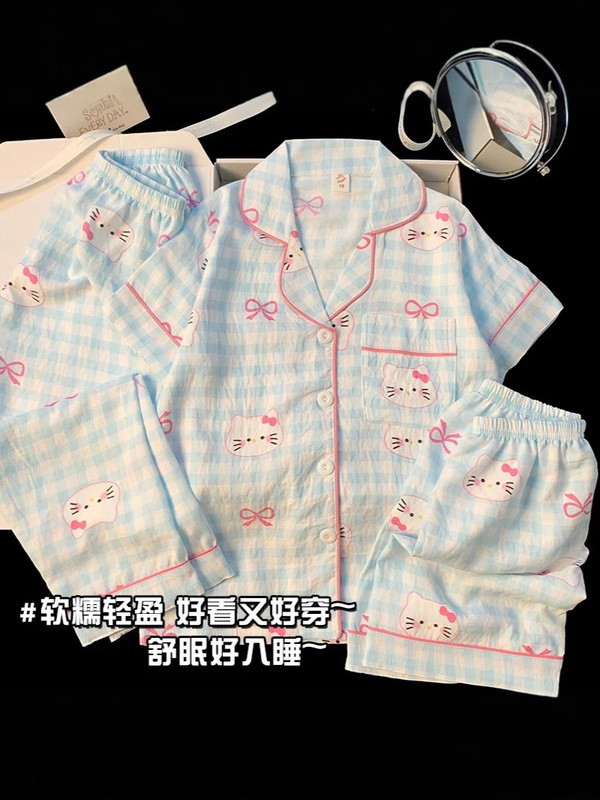 クラウドコットン女の子カーディガンパジャマ夏少女半袖漫画 KT 猫スーツ子供のホーム服は屋外で着用できます|undefined