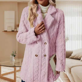 亚马逊欧美爆款女士毛绒外套舒适休闲保暖西装领双排扣中长款大衣