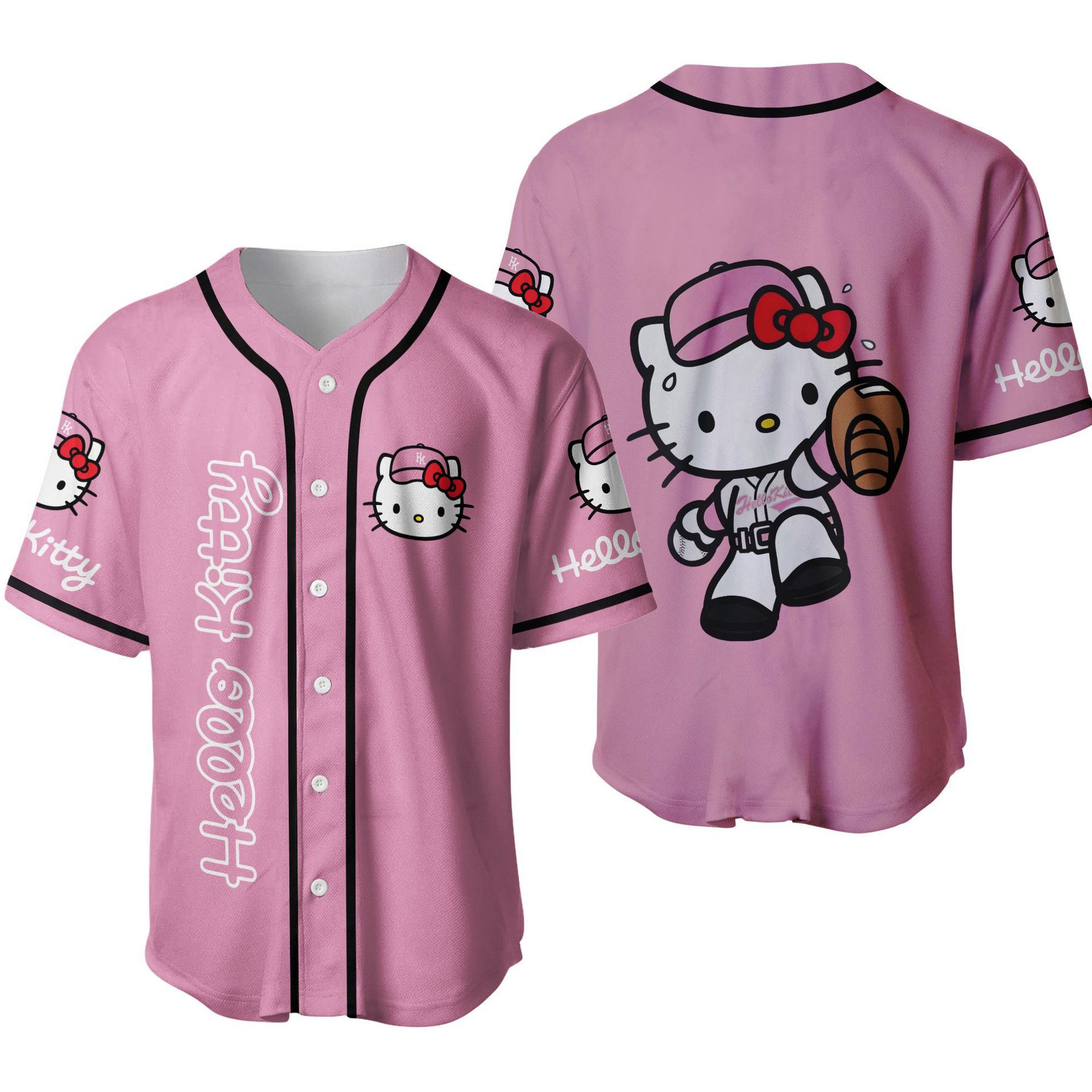 Traje de béisbol con estampado 3D de letras de Hello Kitty, jersey de manga corta, cuello redondo, cárdigan con botones, traje de bola fino