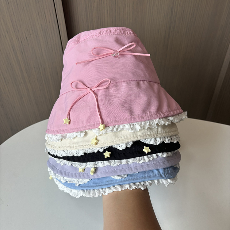 Sombrero de pescador de color sólido para mujeres primavera y otoño dulce lindo encaje arco gorra de cubo callejera cara pequeña gorra de bacon grande