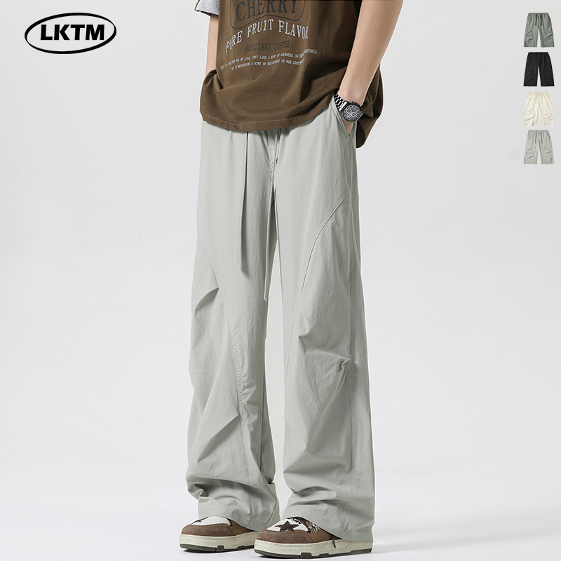 Lktm Men's Summer American Street Style Pleated Design Casual Straight Pants Men's Ice Silk Quick-Dry Outdoor Wide-Leg Pants