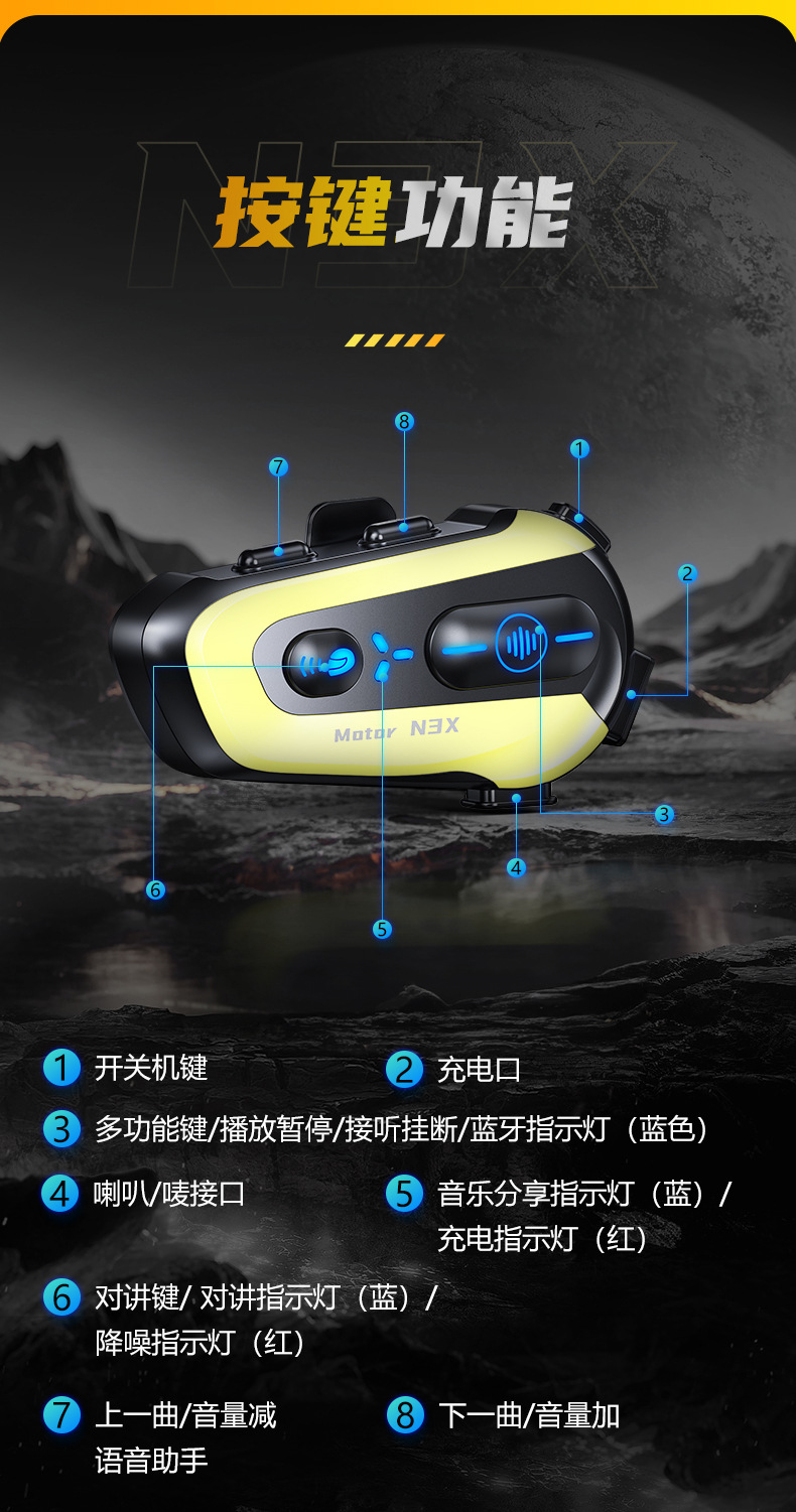 Cross-Border N3X Helmet Bluetooth Headset with Active Noise Reduction, Music Sharing, Waterproof, Dustproof, Multi-Person Intercom, Ultra-Long Distance