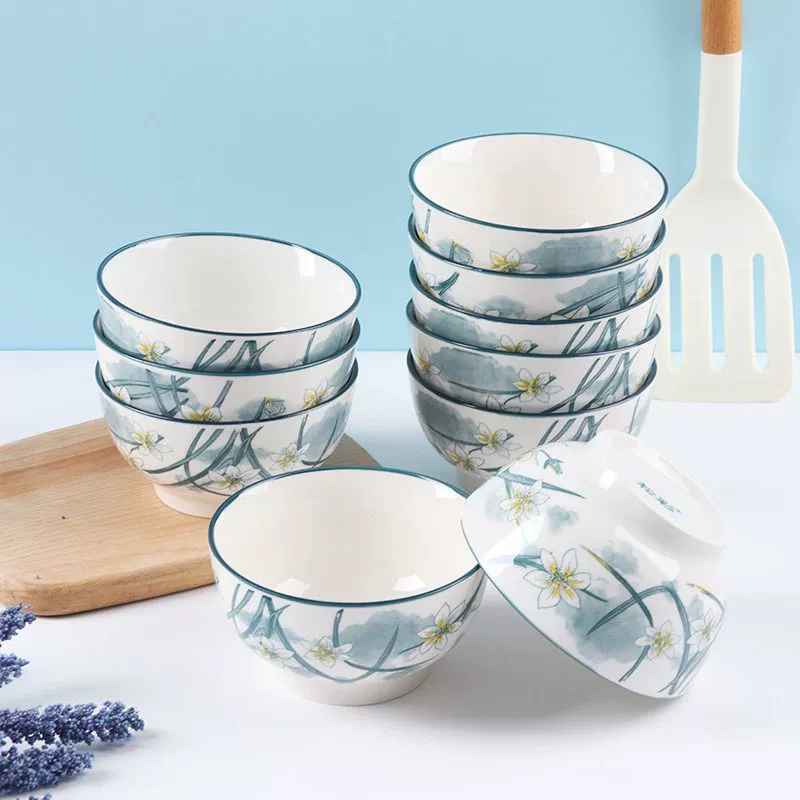 Набор посуды с нарциссами, бытовой утолщенный высококачественный керамический набор на высоких ножках, безопасный высокотемпературный цвет под глазурью, защищающий от ожогов.