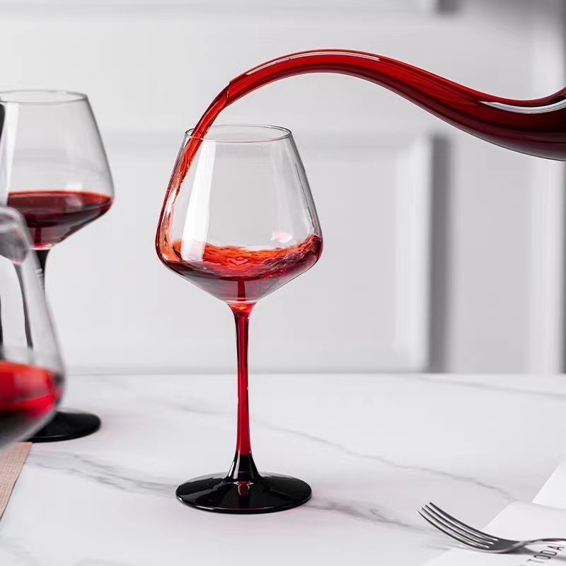 Juego de copa de vino tinto de Borgoña con varilla roja, vidrio de cristal para el hogar, pajarita negra, barriga grande, copa de vino europea, pie alto