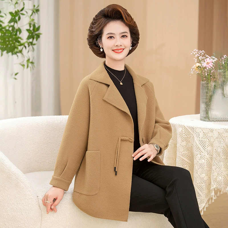 Мама осенняя двухсторонняя шерстяная куртка плюс размер 2024 новый костюм воротник средняя и пожилая женщина осень-зима модное шерстяное пальто