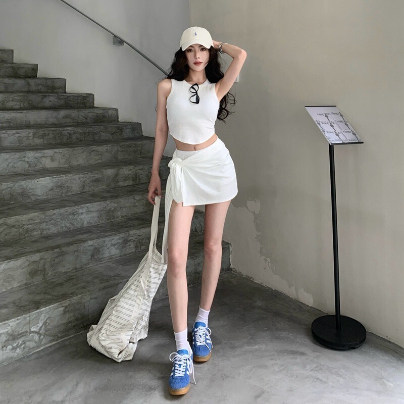 美式bm风时尚休闲套装女夏季新款设计感绑带半身裙不规则下摆背心|undefined