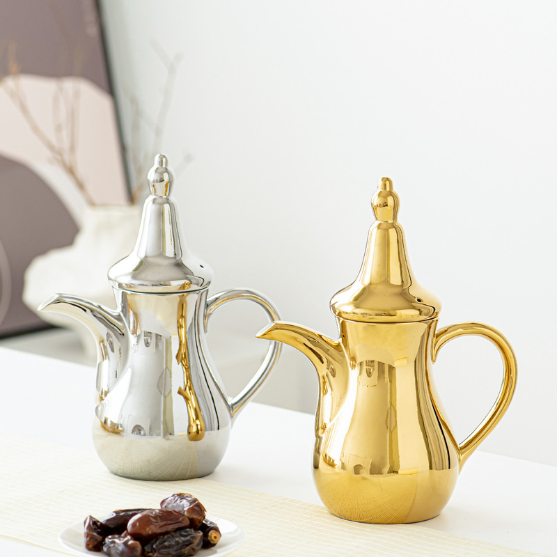 Fcm Middle East Hot Selling Electroplated Accessible Luxury Classy Dallah Authentic Arabian Ceramic Coffee Pot and Water Kettle Set