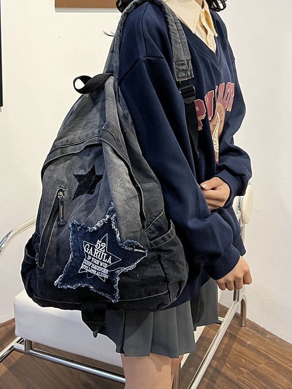 Foreign Trade Gradient Denim Backpack Student Schoolbag College Student Backpack Large Capacity Lightweight Large Backpack for Women