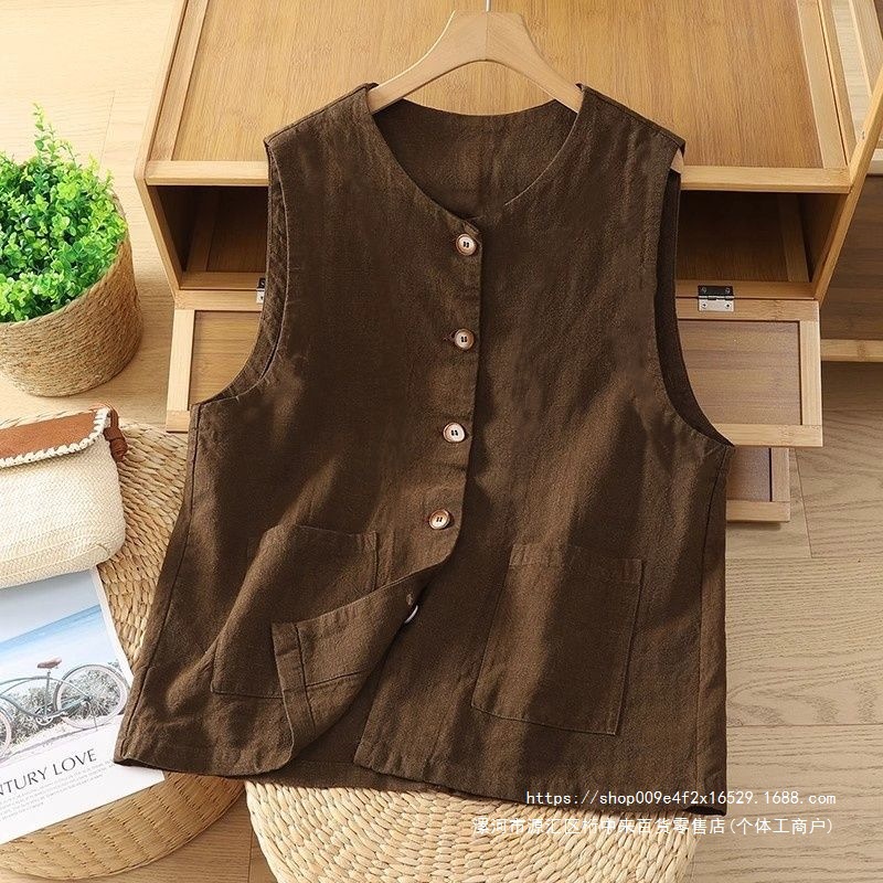 New summer outfit: Retro, artistic, casual, loose, versatile, high-quality cotton and linen vest for women, perfect as an outer layer, round neck.