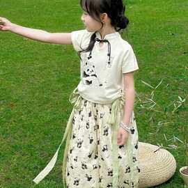2024新款女童防蚊裤夏装儿童女孩新中式短袖熊猫上衣哈伦裤套装潮