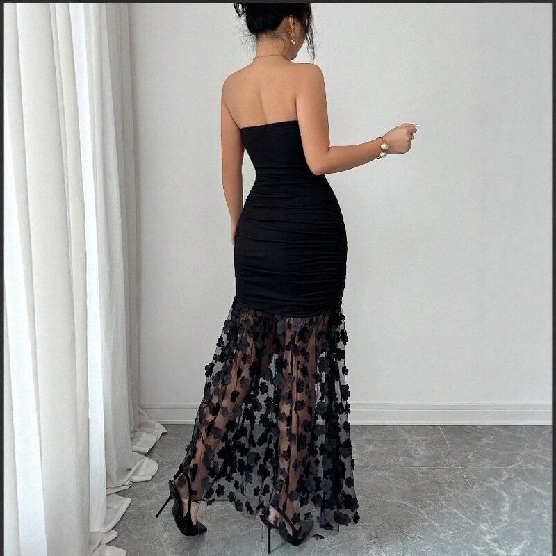 Amazon Aliexpress European and American Cross-Border Women's Fashion Black Sleeveless Tube Top with Lace Long Dress Amazon Aliexpress European and American Cross-Border Women's Fashion Black Sleeveless Tube Top with Lace Long Dress