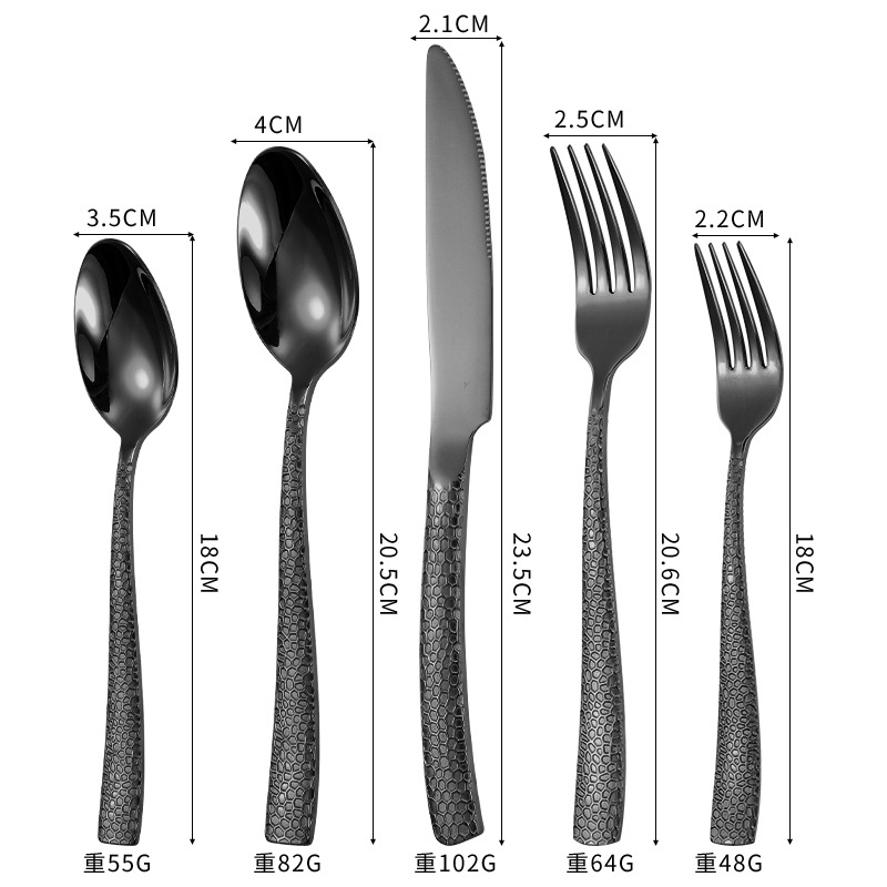 Cross-border de acero inoxidable 430 cuchillo y tenedor con patrón de martillo cuchara de postre piel de serpiente vajilla occidental dorada cubo de agua filete juego de cuchillo y tenedor
