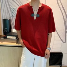 针织短袖t恤男士轻熟风潮流设计感V领POLO衫夏季韩版冰丝半袖上衣