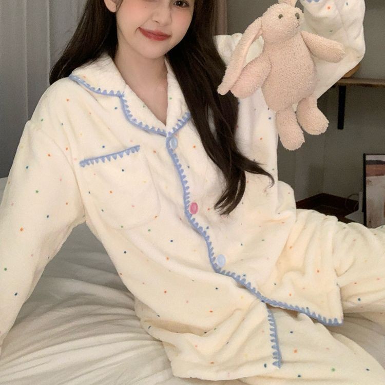 波点法兰绒睡衣女秋冬季新款宽松加厚加绒甜美少女家居服套装冬