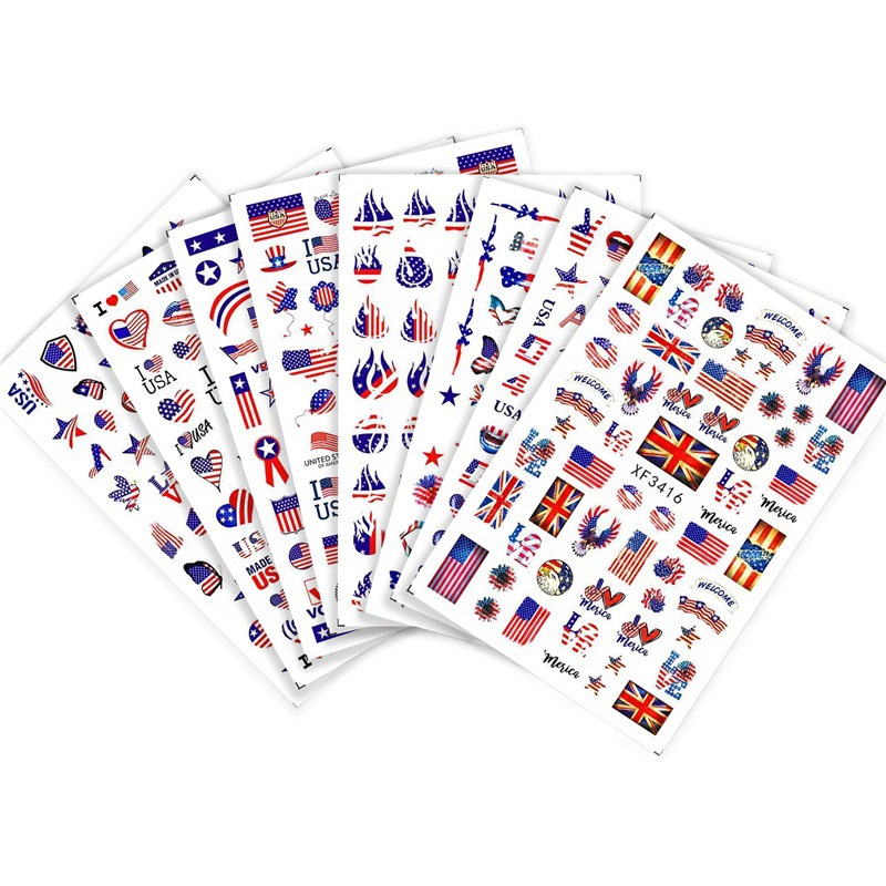 Nueva bandera transfronteriza de uñas pegatinas traje Día de la Independencia Americana Día Nacional bandera elemento de uñas pegatinas 8 piezas
