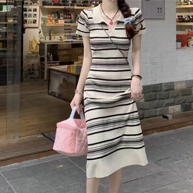 哥家商场同款女装2025夏季小众韩系温柔气质裙子条纹polo领连衣裙|undefined