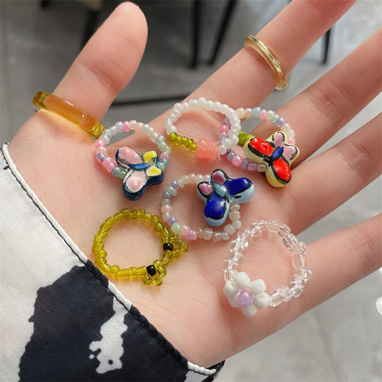 Sweet Geometric Synthetic Resin Beaded Womenu0027S Rings