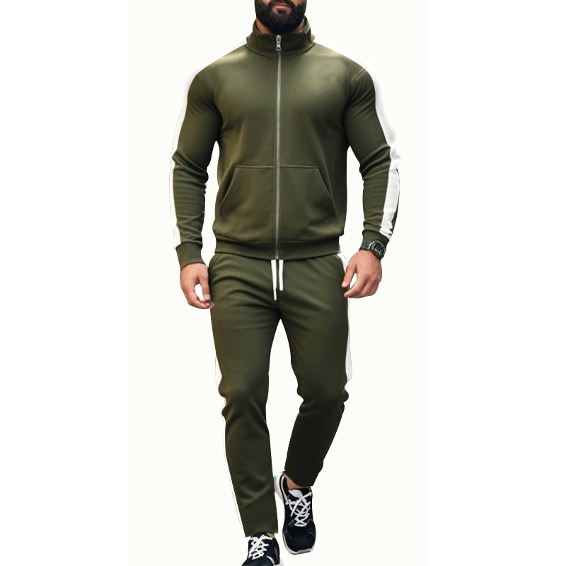 Traje de dos piezas de otoño e invierno de manga larga para hombre transfronterizo de Amazon, chaqueta deportiva casual con cuello alto en contraste, suéter, traje de hombre