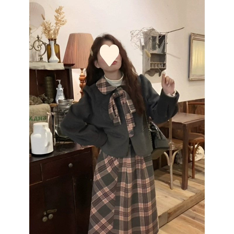 달콤한 대학 스타일 귀여운 활 코트 스커트 투피스 세트 여성의 봄 새로운 도착 작은 모직 세트