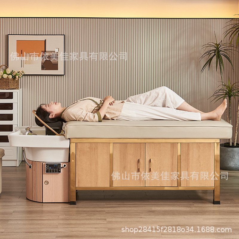 Cama de lavado de cabello de madera maciza, lavabo cerámico, cama de lavado de agua de circulación de agua, cama de tratamiento de cabello de fumigación con calentador de agua, para salón de peluquería especial