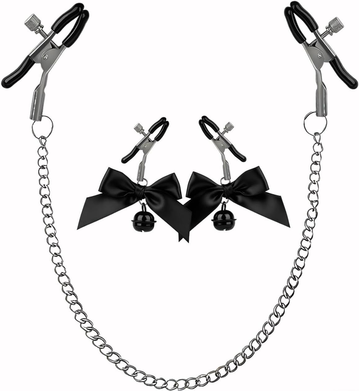 SM Nipple Clamps with Double Bells, Metal Breast Ornament Pair, Black Couple’s Intimate Play Accessory — detail image 6