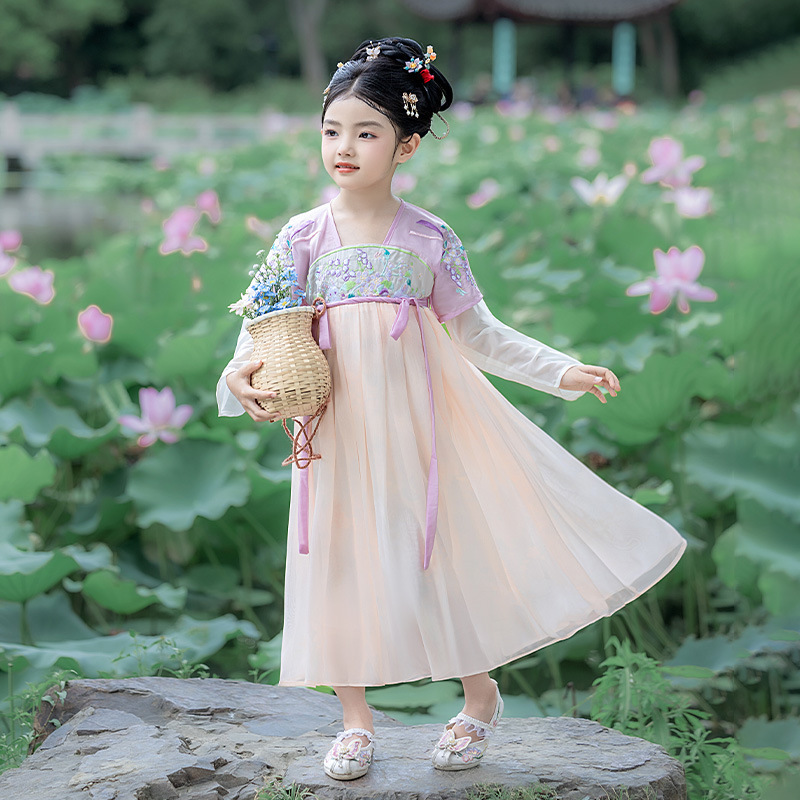 女童秋季新款长袖汉服连衣裙宝宝古风仙女襦裙儿童中国风演出服|undefined