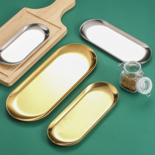 European stainless steel plate towel plate oval plate restaurant jewelry storage plate flat bottom golden small tray storage tray
