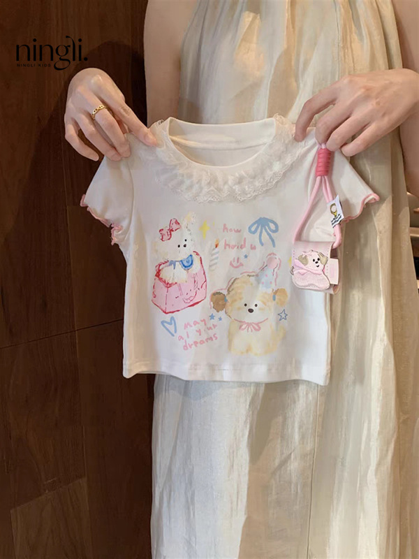 Ningli 女の子のファッショナブルで甘いスーツ夏 2025 新しいスタイルの小さな女の子ベビー半袖ワイドレッグパンツ 2 点セットトレンディ|undefined