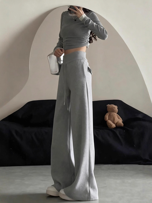 灰色运动裤女2025新款秋季休闲宽松垂感阔腿裤拖地直筒高腰卫裤子|undefined