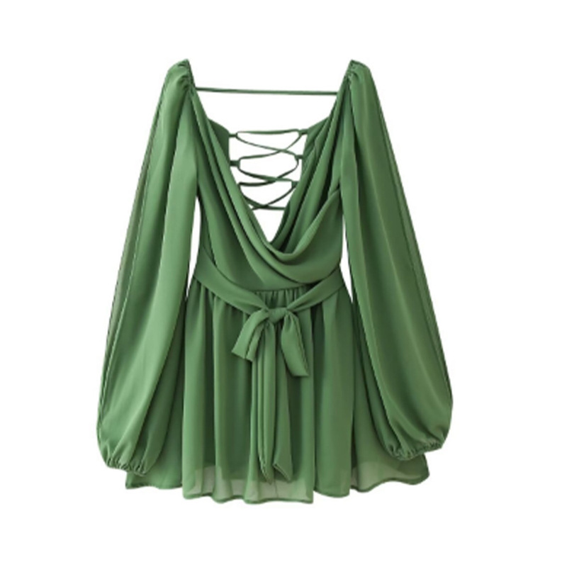 Summer European and American Women's Clothing New Style V Neck Long Sleeve Cut Out Backless Mini Dress Fashion Retro Style