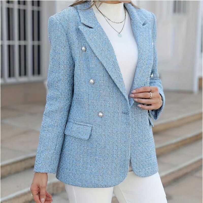 2026 New European and American Style Double-Breasted Tweed Blazer for Women, Slim Fit, Pearl Buttons, Long Sleeves, Suitable for Work