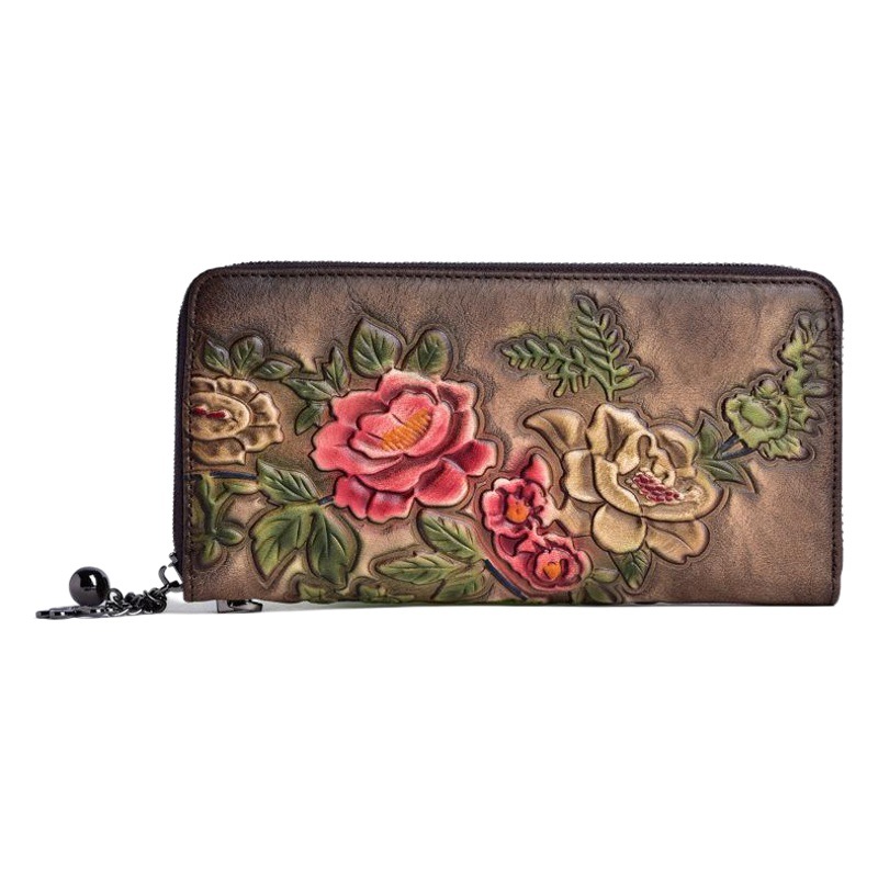 Cartera de mujer de cuero curtido vegetal, bolso largo con cremallera, bolso para teléfono de piel de vacuno de primera capa, diseño vintage de alta gama con relieve.