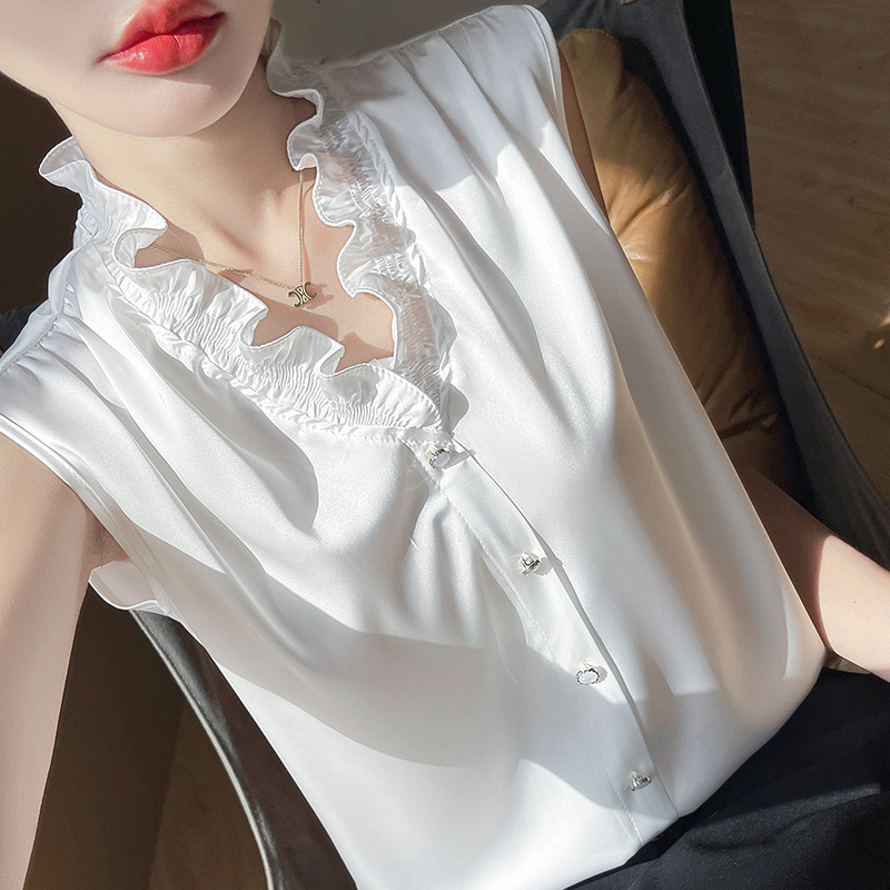 Manufacturer Wholesale 2026 Spring/Summer Luxury Silky Satin Imitation Silk Ruffled Collar Sleeveless Women's Tank Top Inner Wear