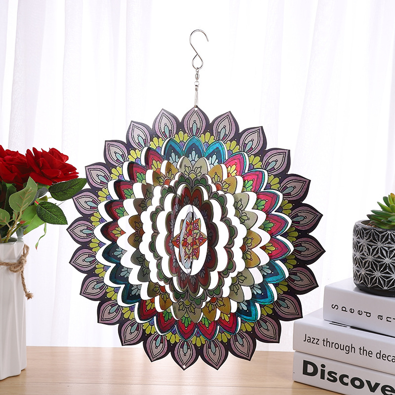 Amazon suministro directo de acero inoxidable viento tridimensional vuelta color Mandala girando carillones de viento patio decoración artesanía de metal