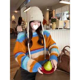 多巴胺彩虹拼色韩系条纹春秋款宽松超美撞色系毛衣