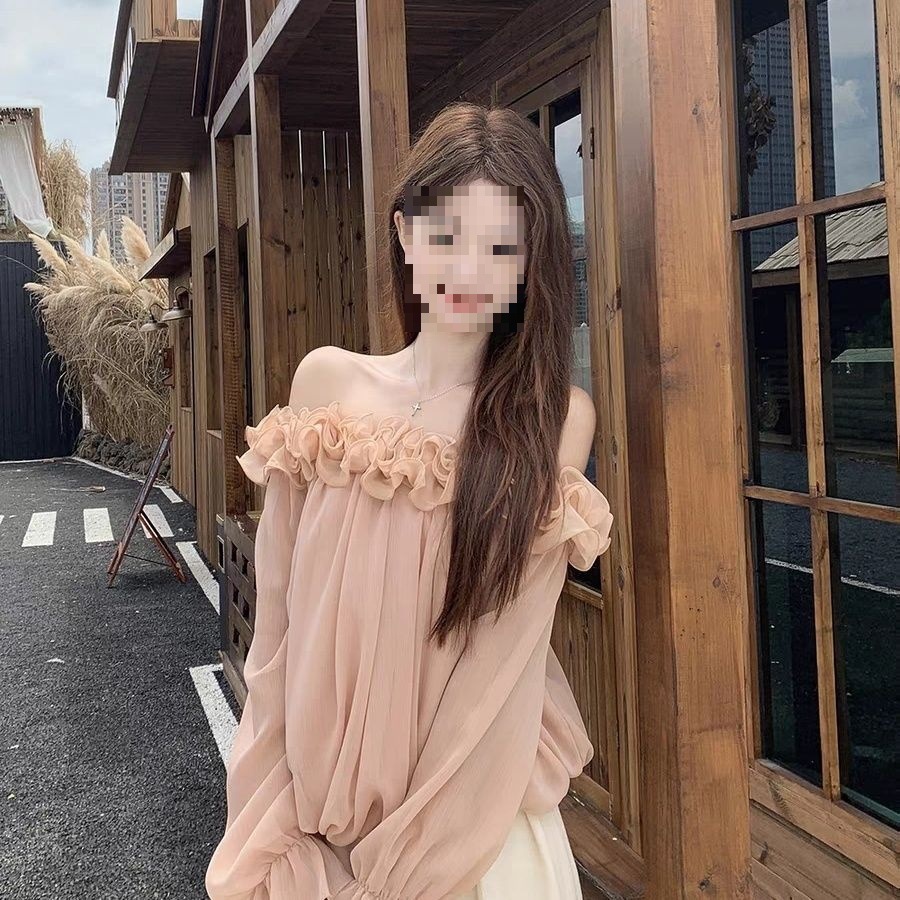 新款法式温柔甜美斜肩衬衣女秋季一字肩粉色雪纺衫衬衫上衣潮