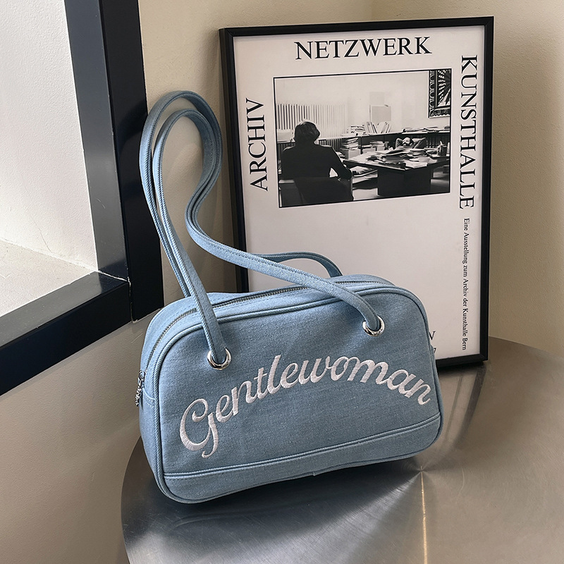 Gentle woman Embroidered Denim Bag 2024 New Simple High-Face Bowling Shoulder Bag