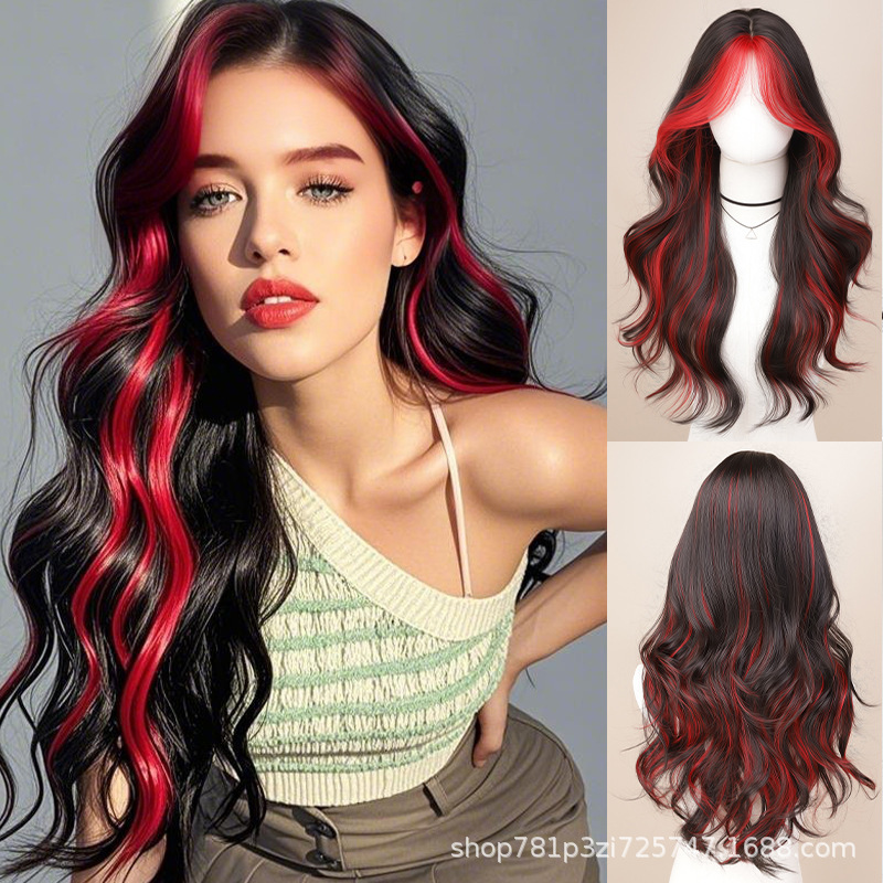 cosplay Anime Wig Gradient COS Harajuku Wind Color Women's Long Curly Hair Headgear Black Red Long Curly Hair