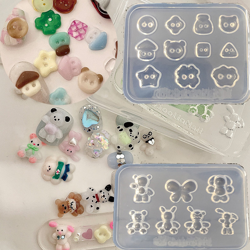 Button-style cartoon bear and bunny nail art molds, high-transparency, oxidation-resistant silicone, for making wearable nail accessories, specialized for nail art