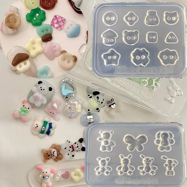 Button-style cartoon bear and bunny nail art molds, high-transparency, oxidation-resistant silicone, for making wearable nail accessories, specialized for nail art