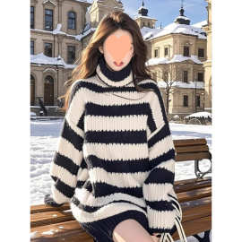 韩系穿搭黑白条纹毛衣女慵懒风秋冬新款宽松套头中长款针织上衣服