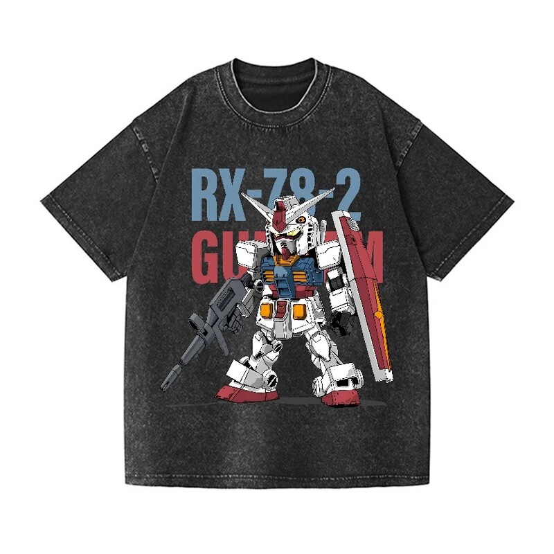 Gundam Rx-78-2 T-Shirt Men's Retro Acid-Washed Sd Mobile Suit Mecha Graphic Streetwear Oversized Vintage