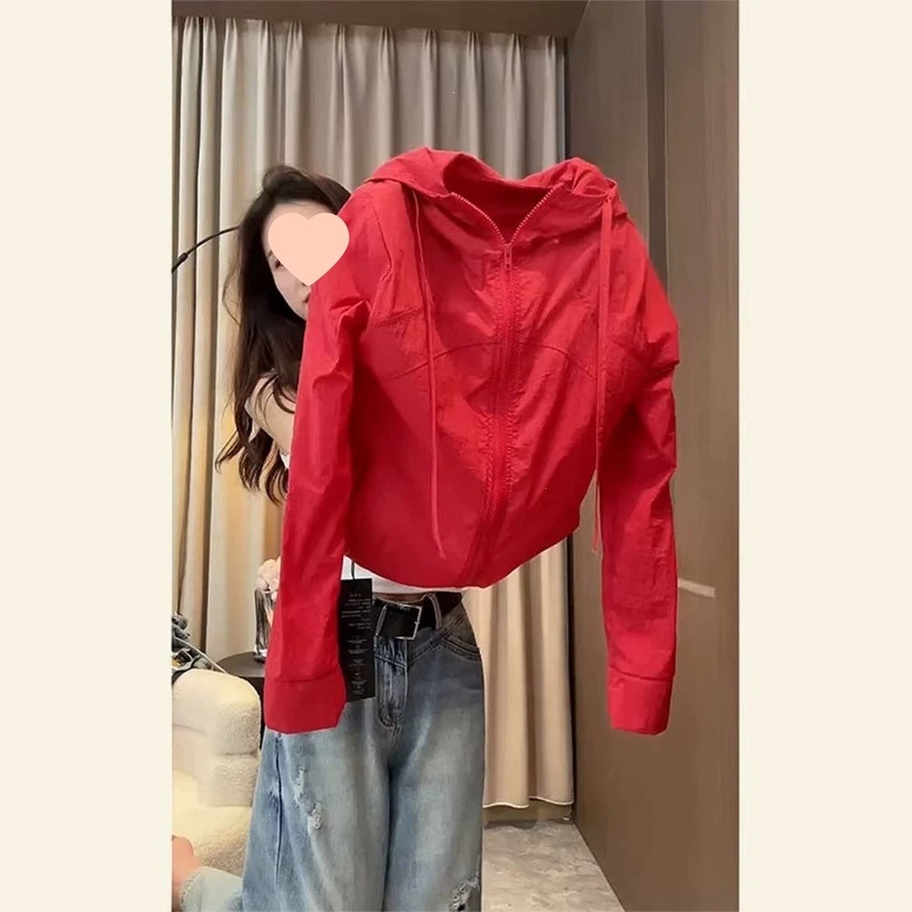 European style, super cute dopamine red lightweight hooded sun protection jacket for women, summer.