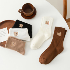 襪子女士ins潮棉日系可愛堆堆襪韓版長筒小熊刺繡網紅款中筒襪