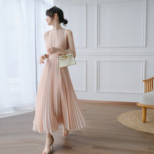 2025夏季法式复古茶歇初恋温柔长裙百搭通勤粉色百褶雪纺连衣裙