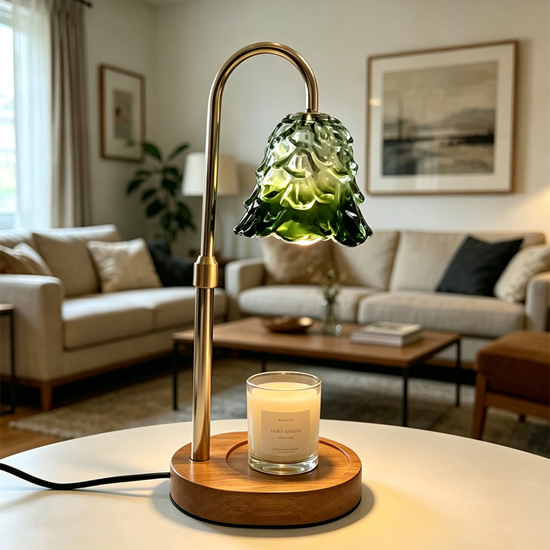 Fabricante de torre de pino verde gradiente lámpara de cera de vidrio base de nuez habitación aroma lámpara de escritorio a granel